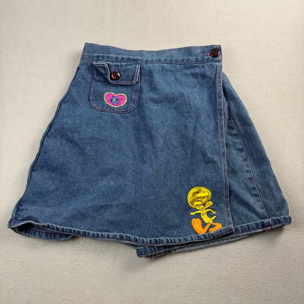 Vintage Looney Tunes Tweety Bird Denim Skort Blue Embroidered Kids Size 16